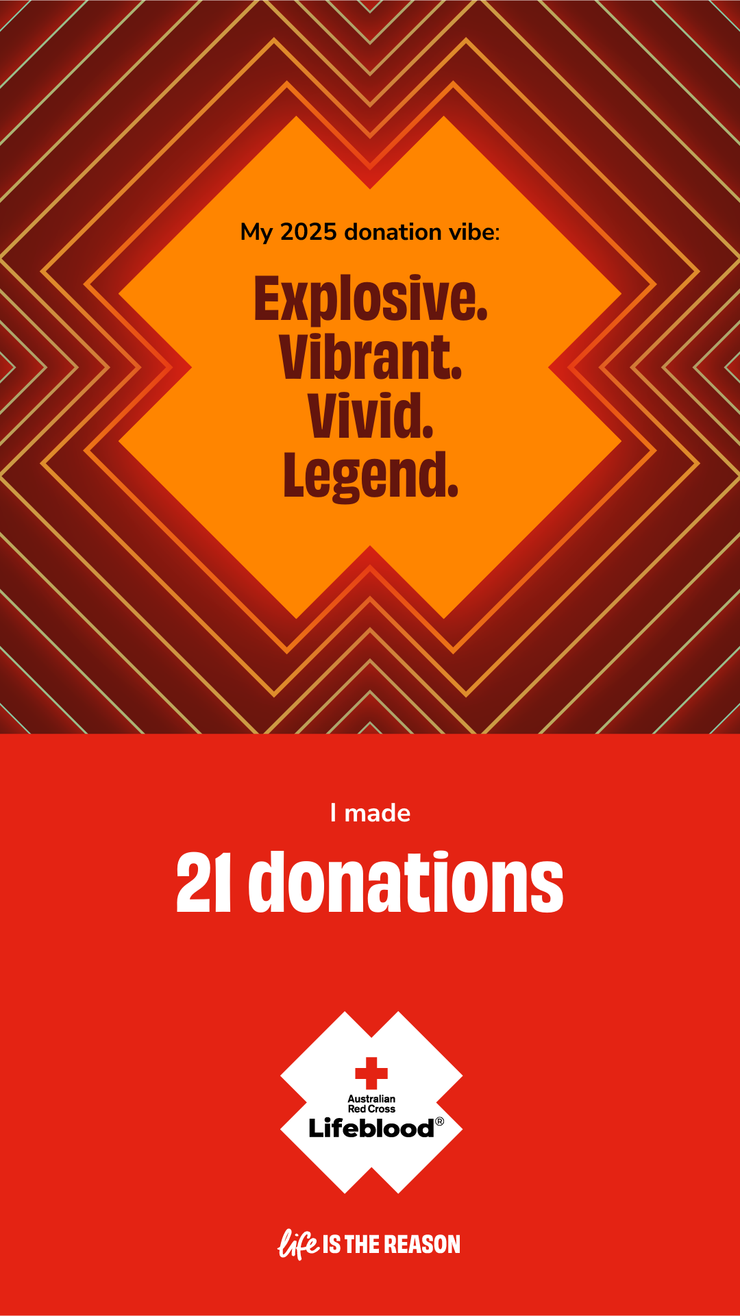 My 2025 donation vibe: Explosive, Vibrant, Vivid, Legend. I made 21 donations. Australian Red Cross Lifeblood. Life is the reason.